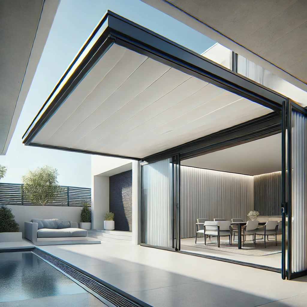 DALL·E 2024 11 14 11.11.02 A high quality image of a modern retractable roof installation in PVC showing a sleek and durable design ideal for residential or commercial spaces.