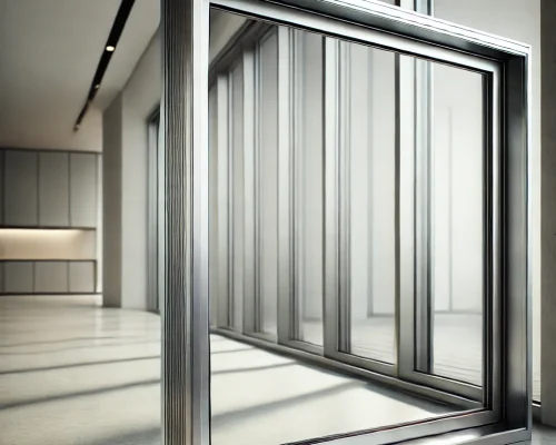 DALL·E 2024 11 14 10.56.52 A high quality image of a modern aluminum window frame installation showing sleek and polished metalwork with clean lines. The frame has a contempora DALL·E 2024 11 14 10.56.52 A high quality image of a modern aluminum window frame installation showing sleek and polished metalwork with clean lines. The frame has a contempora