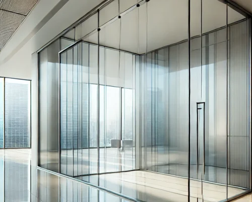DALL·E 2024 11 14 10.56.58 A high quality image of a glass curtain installation in a modern setting showing transparent and sleek glass panels designed for a spacious airy loo DALL·E 2024 11 14 10.56.58 A high quality image of a glass curtain installation in a modern setting showing transparent and sleek glass panels designed for a spacious airy loo