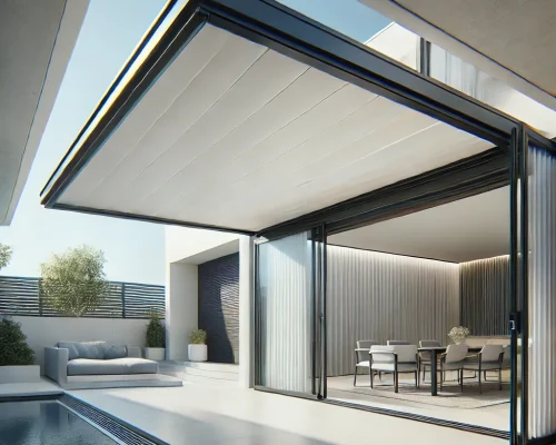 DALL·E 2024 11 14 11.11.02 A high quality image of a modern retractable roof installation in PVC showing a sleek and durable design ideal for residential or commercial spaces. DALL·E 2024 11 14 11.11.02 A high quality image of a modern retractable roof installation in PVC showing a sleek and durable design ideal for residential or commercial spaces.